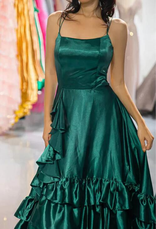 Straps Long Prom Dress with Ruffle and Slit Skirt