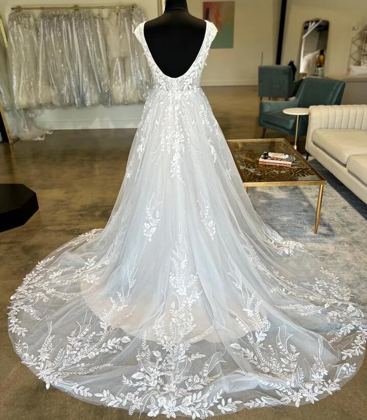 Open Back Tulle/Lace Wedding Dress with Cap Sleeves