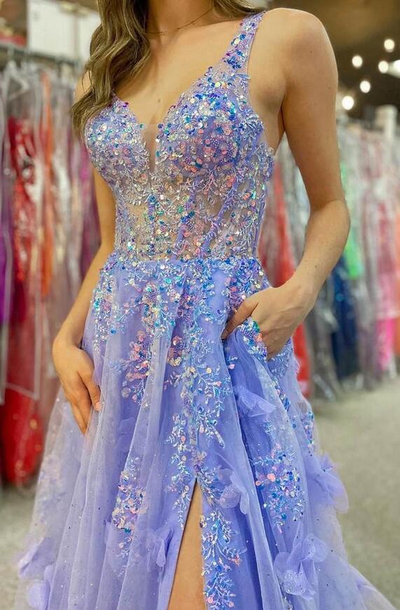 V-Neck Sequins Tulle/Lace Long Prom Dress with Slit Skirt