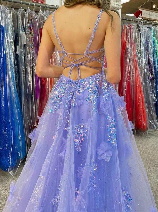 V-Neck Sequins Tulle/Lace Long Prom Dress with Slit Skirt