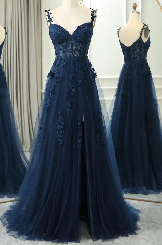 Straps A-line Leaf Lace Long Prom Dress with Slit