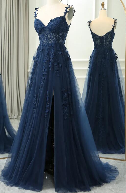 Straps A-line Leaf Lace Long Prom Dress with Slit