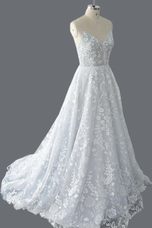 Straps A-line Lace Wedding Dress with Open Back
