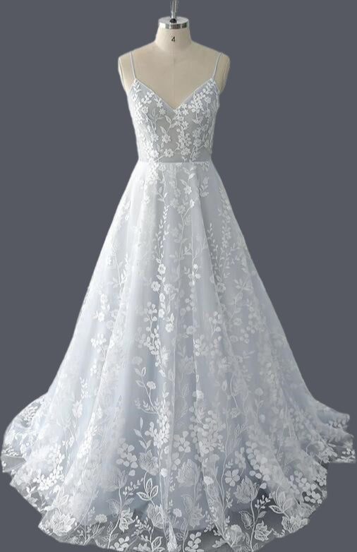 Straps A-line Lace Wedding Dress with Open Back