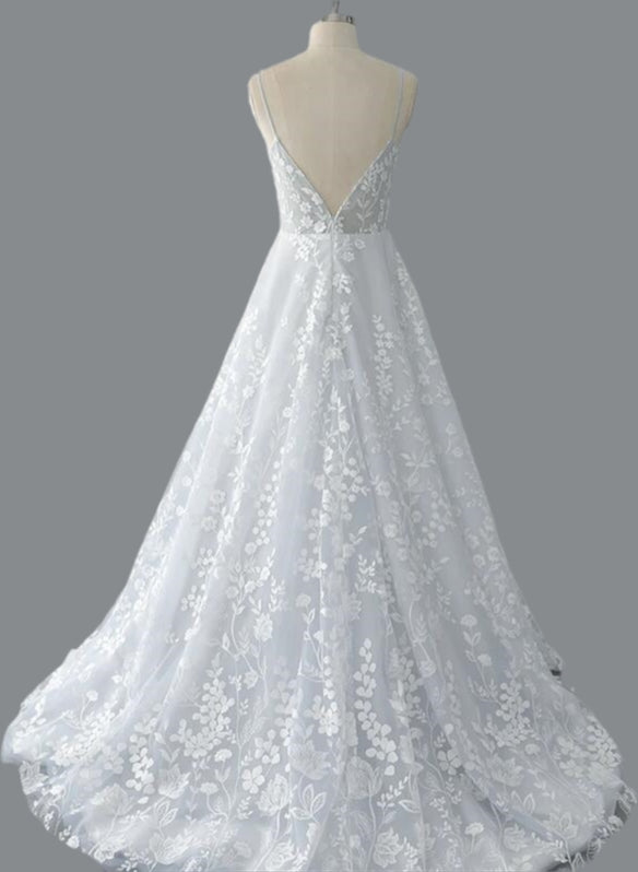 Straps A-line Lace Wedding Dress with Open Back