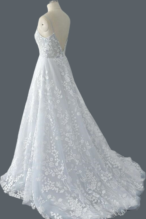 Straps A-line Lace Wedding Dress with Open Back