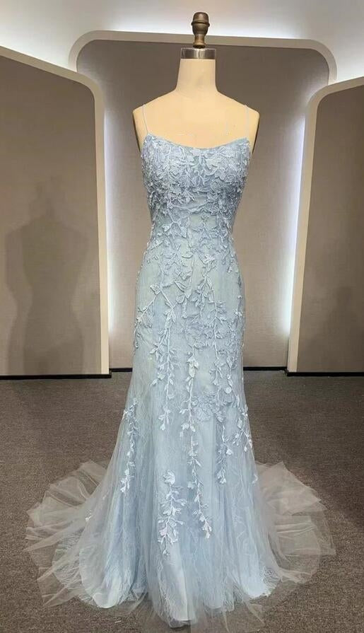 Straps Mermaid Leaf Lace Long Prom Dress