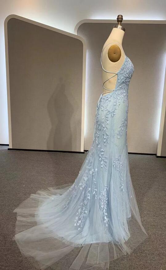 Straps Mermaid Leaf Lace Long Prom Dress
