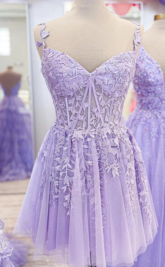 Straps Leaf Lace Short Homecoming Dress