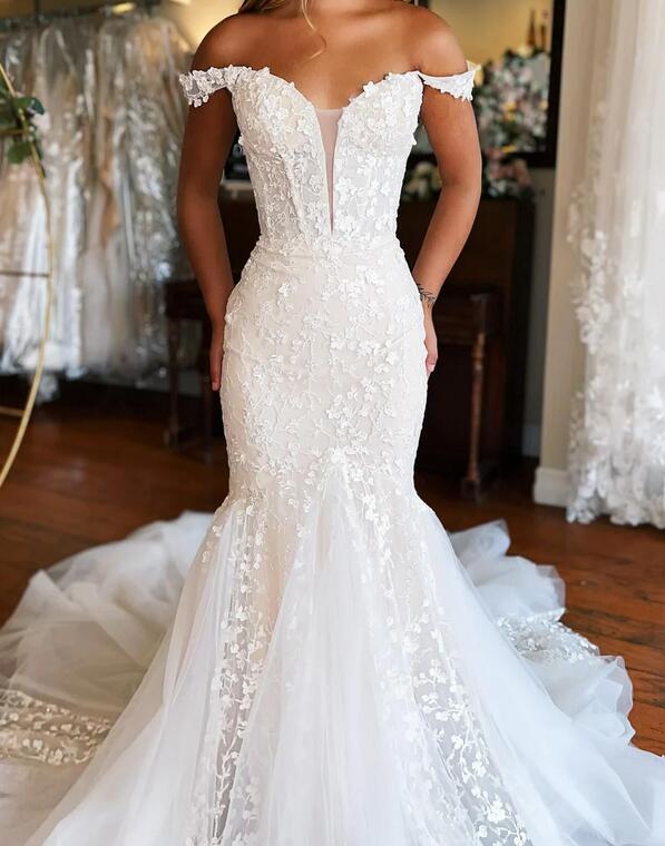 Off-the-Shoulder Trumpet Tulle/Lace Wedding Dress