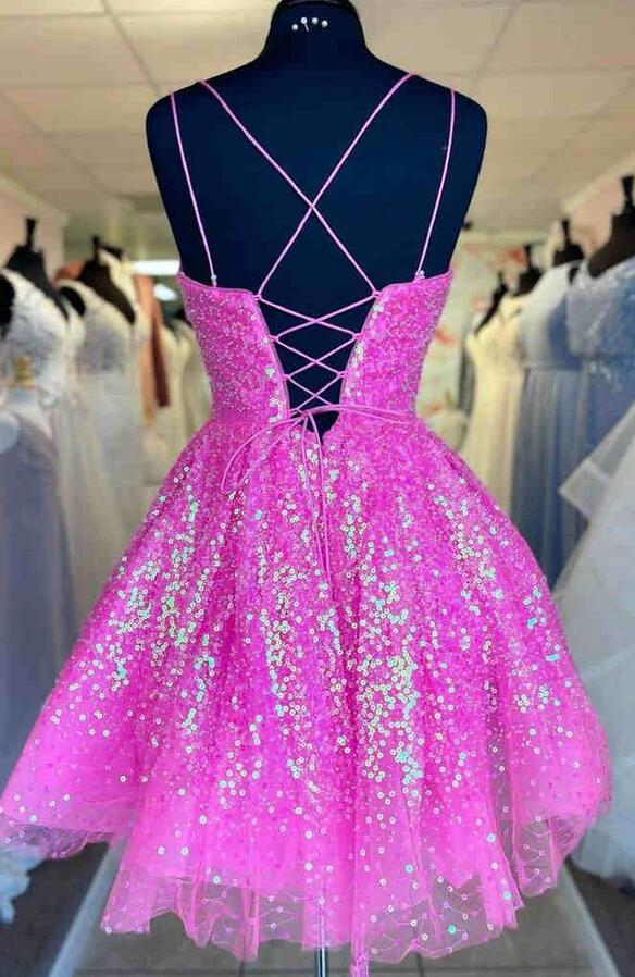 Straps Sequins Homecoming Dress with Lace-up Back