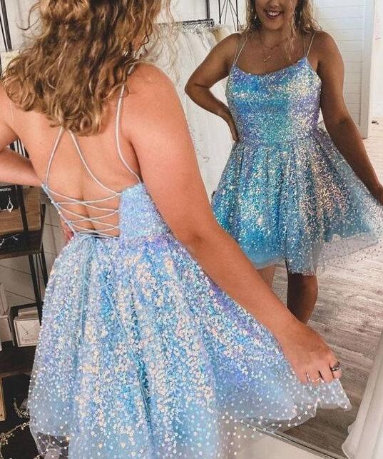 Straps Sequins Homecoming Dress with Lace-up Back