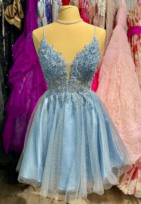 Straps A-line Short Homecoming Dress with Lace Top