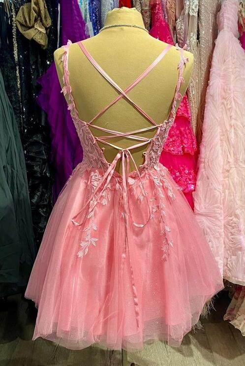 Straps A-line Short Homecoming Dress with Leaf Lace