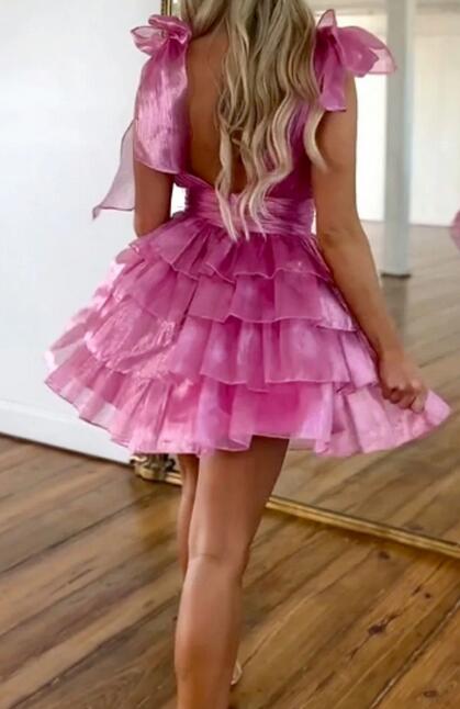 V-neck Open Back Short Homecoming Dress with Ruffle Skirt