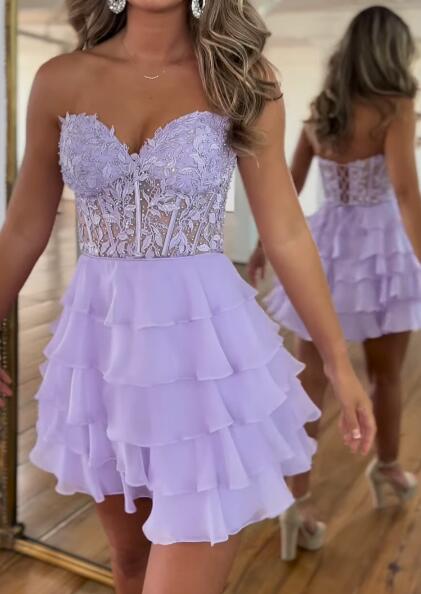 Strapless Short Homecoming Dress with Leaf Lace Top and Chiffon Ruffle Skirt