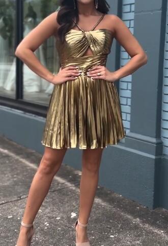 Halter Metallic Short Homecoming Dress with Key Hole