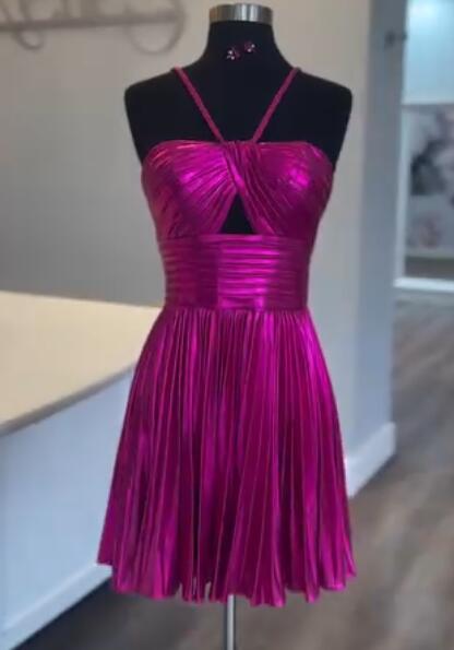 Halter Metallic Short Homecoming Dress with Key Hole