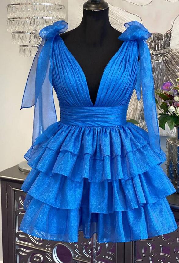 Bow Straps V-neck Short Homecoming Dress with Ruffle Skirt DressesTailor Bow Straps V-neck Short Homecoming Dress with Ruffle Skirt DressesTailor