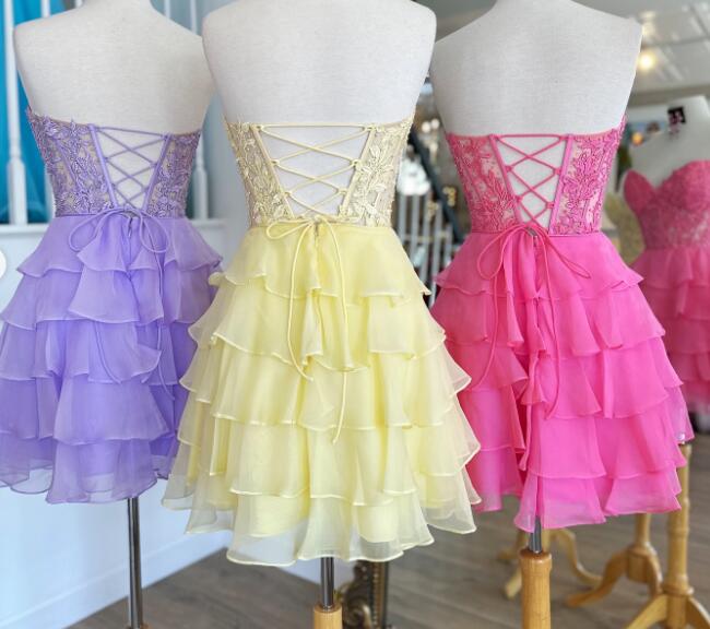 Strapless Short Homecoming Dress with Leaf Lace Top and Chiffon Ruffle Skirt