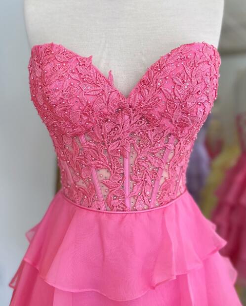 Strapless Short Homecoming Dress with Leaf Lace Top and Chiffon Ruffle Skirt
