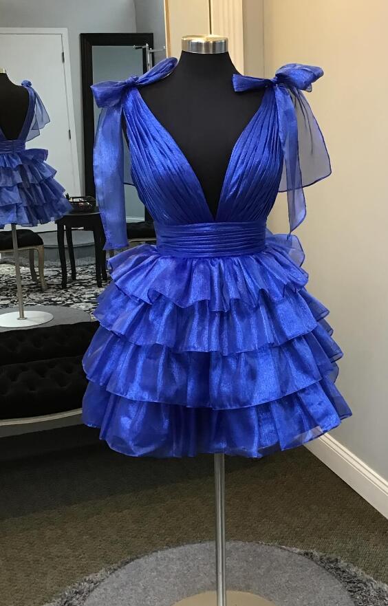 Bow Straps V-neck Short Homecoming Dress with Ruffle Skirt DressesTailor Bow Straps V-neck Short Homecoming Dress with Ruffle Skirt DressesTailor