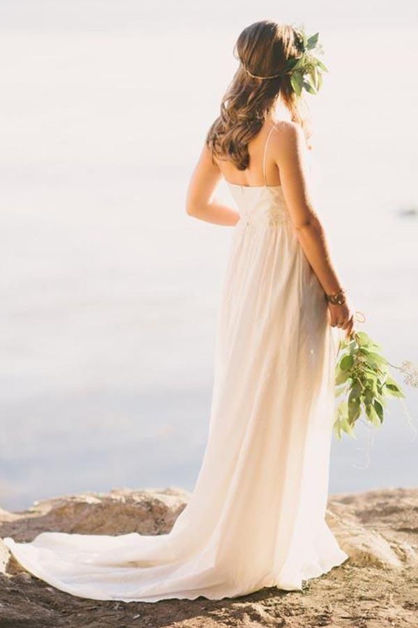 A-Line Spaghetti Straps Sweep Train Chiffon Wedding Dress DTB144