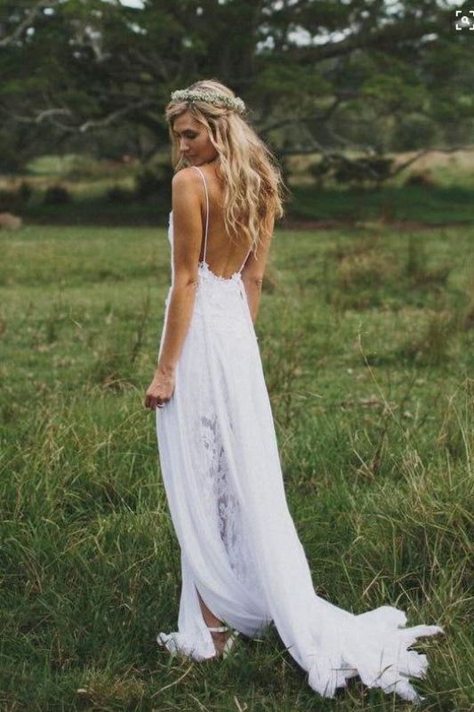 Casual Boho Spaghetti Straps Lace A-line Floor-Length Beach Wedding Dresses DTB140