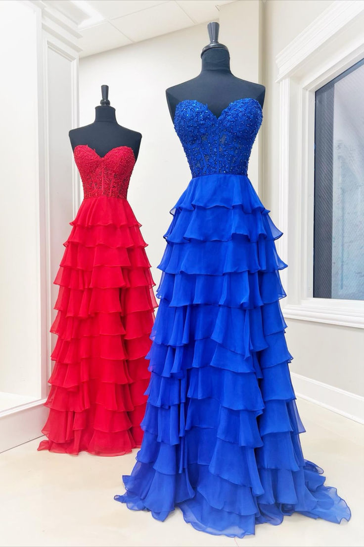 Strapless Chiffon Long Prom Dress with Lace Corset Bodice and Ruffle Skirt