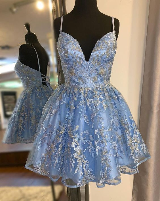 Spaghetti Straps Short Lace Homecoming Dress