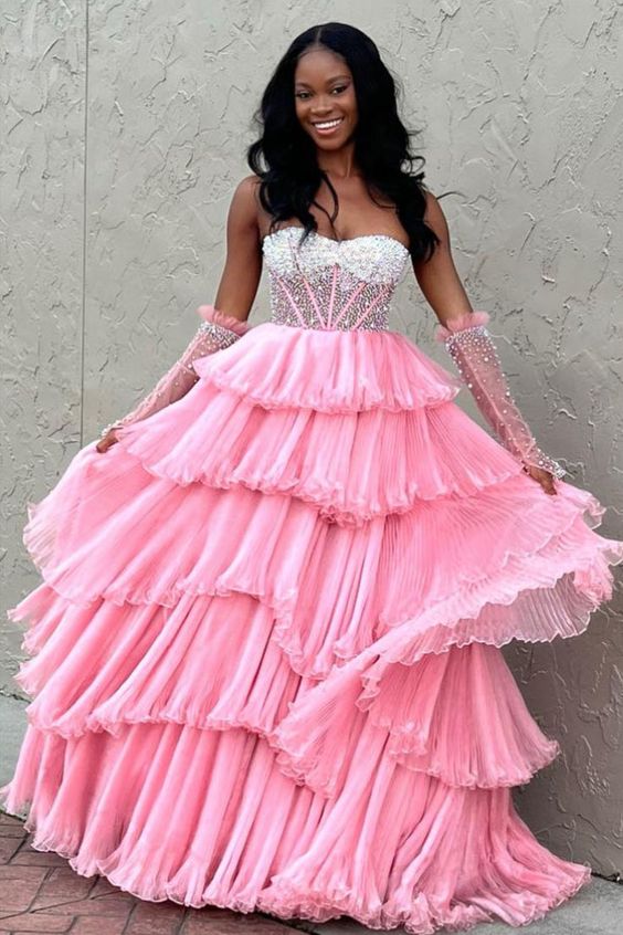 Strapless Long Prom Dress with Pleated Organza Ruffle Skirt and Remova DressesTailor Strapless Long Prom Dress with Pleated Organza Ruffle Skirt and Remova DressesTailor