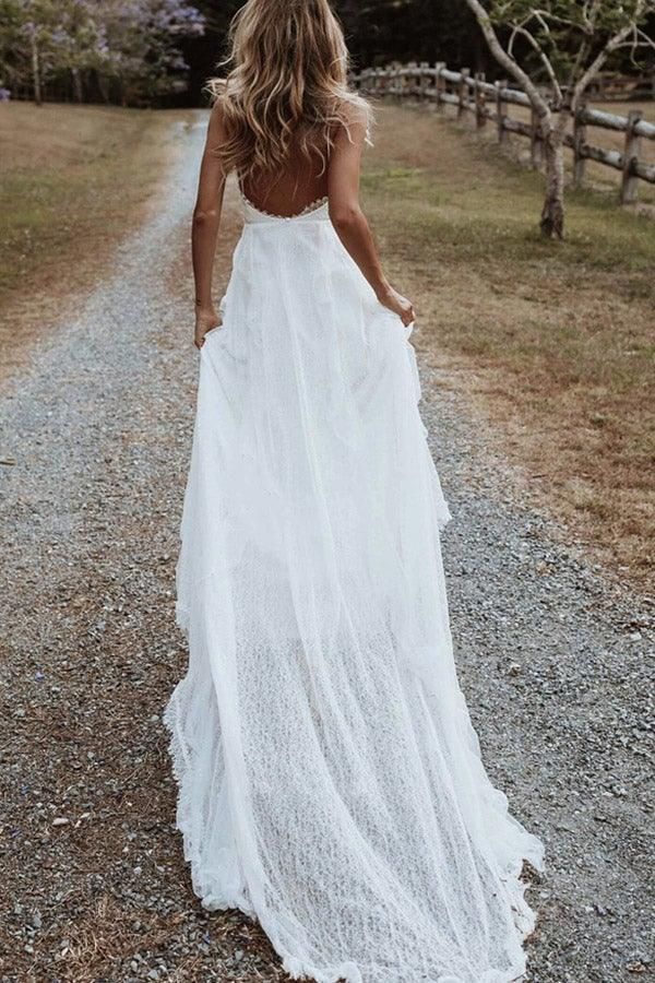 Bohemian A Line V Neck Lace Beach Wedding Dresses DTB108