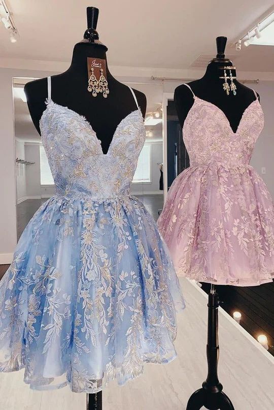 Spaghetti Straps Short Lace Homecoming Dress