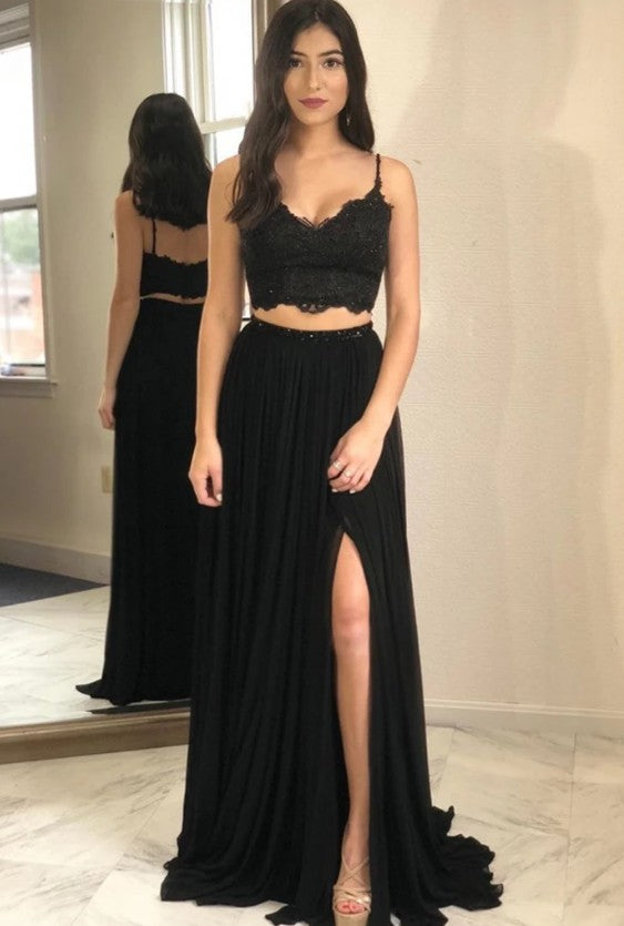 Two Pieces Black Prom Dress with Slit, Pageant Dress, Evening Dress, Dance Dresses, Graduation School Party Gown