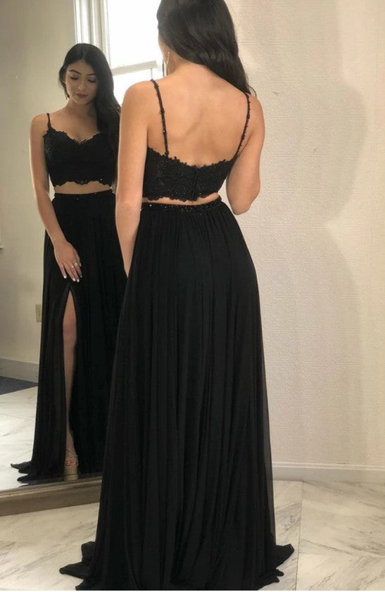 Two Pieces Black Prom Dress with Slit, Pageant Dress, Evening Dress, Dance Dresses, Graduation School Party Gown
