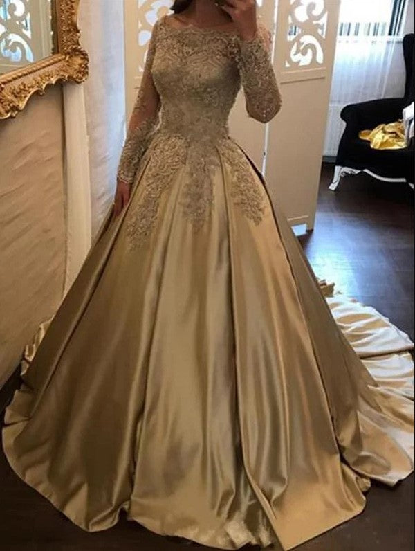 Champagne Gold Prom Dress Long Sleeves, Prom Dresses, Pageant Dress, Evening Dress, Ball Dance Dresses, Graduation School Party Gown