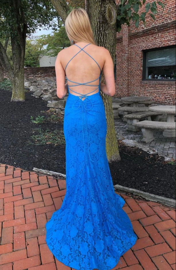 Blue Lace Prom Dress, Pageant Dress, Evening Dress, Dance Dresses, Graduation School Party Gown