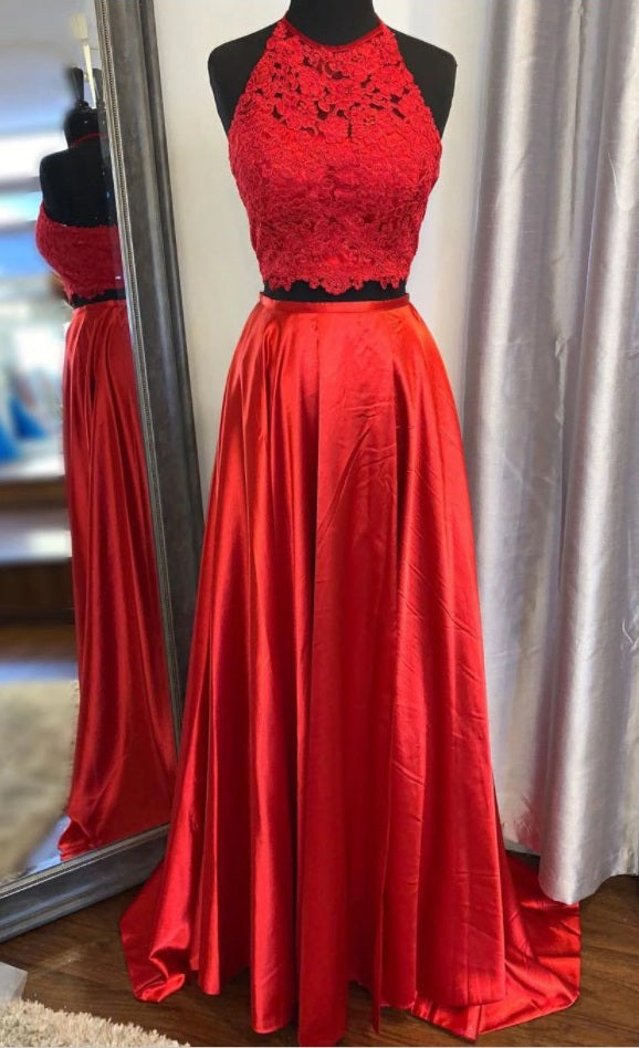 Two Pieces Prom Dress Halter Neckline, Pageant Dress, Evening Dress, Dance Dresses, Graduation School Party Gown