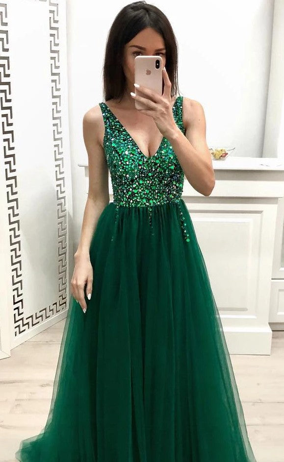 Green Prom Dress V Neckline, Pageant Dress, Evening Dress, Dance Dresses, Graduation School Party Gown