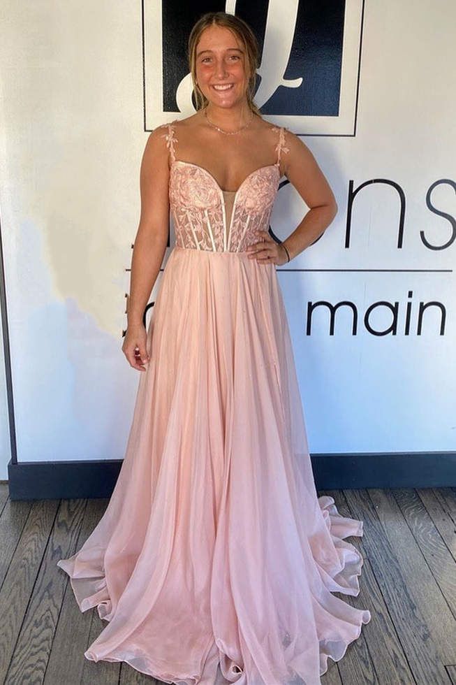 A-line Chiffon Long Prom Dress with Sheer Leaf Lace Bodice