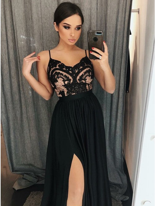 Black Prom Dress with Slit, Prom Dresses, Evening Gown, Graduation School Party Dress