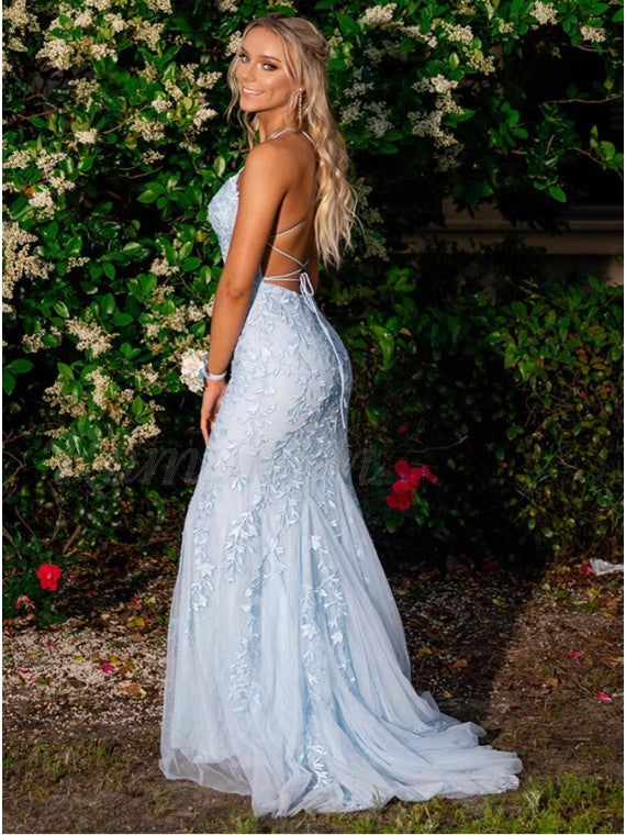 Mermaid Lace Prom Dress Sky Blue, Prom Dresses, Pageant Dress, Evening Dress, Ball Dance Dresses, Graduation School Party Gown