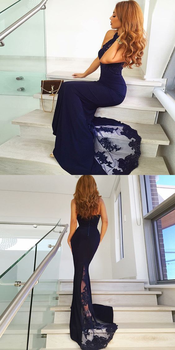 Mermaid Navy Prom Dress Halter Neckline, Evening Dress, Dance Dresses, Graduation School Party Gown