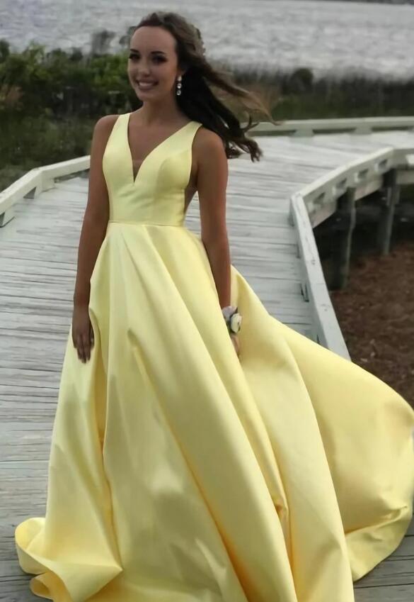 Yellow Satin Prom Dresses, Evening Dress, Formal Dress, Dance Dresses, Graduation School Party Gown