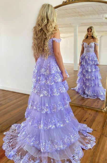 Tulle Sequins Long Prom Dress with Sheer Corset Bodice and Ruffle Skirt