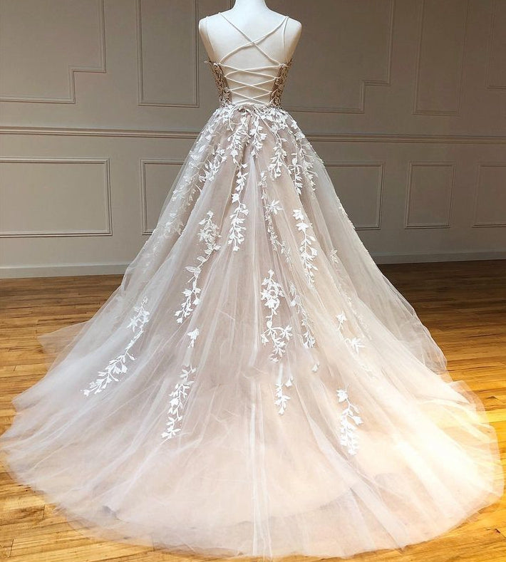 Straps Leaf Lace Ball Gown Long Prom Dresses