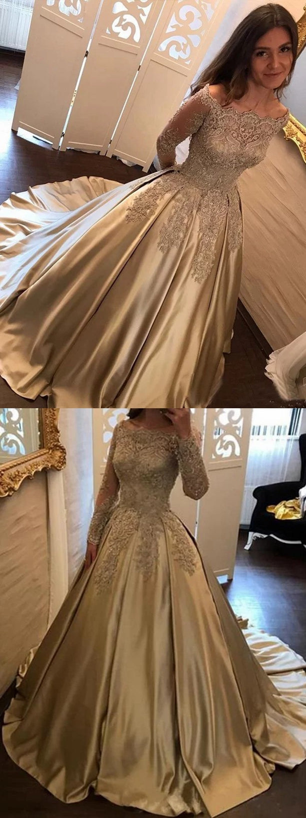 Champagne Gold Prom Dress with Sleeves, Pageant Dress, Evening Dress, Dance Dresses, Graduation School Party Gown