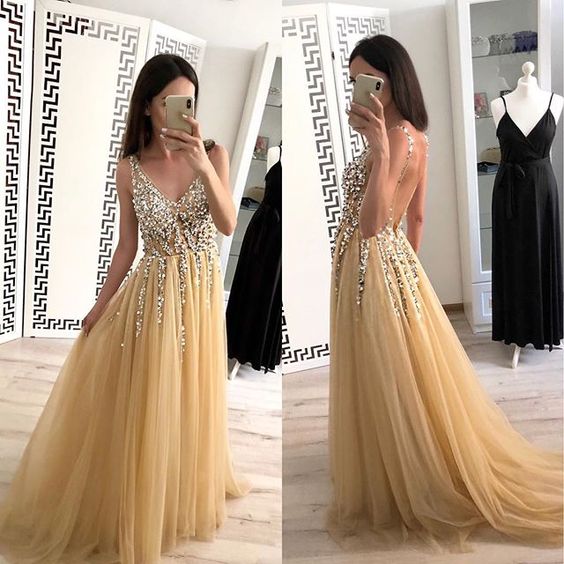Gold Color Prom Dress Backless, Dresses For Graduation Party, Evening Dress, Formal Dress