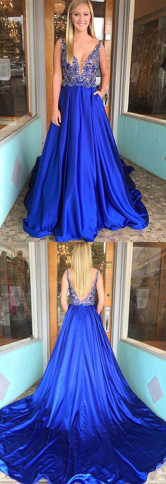 Royal Blue Prom Dress Deep V Back, Evening Dress, Dance Dresses, Graduation School Party Gown, DT0348