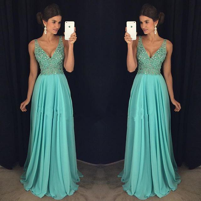 V-neck Beaded Prom Dress Long, Evening Dress, Graduation School Party Gown